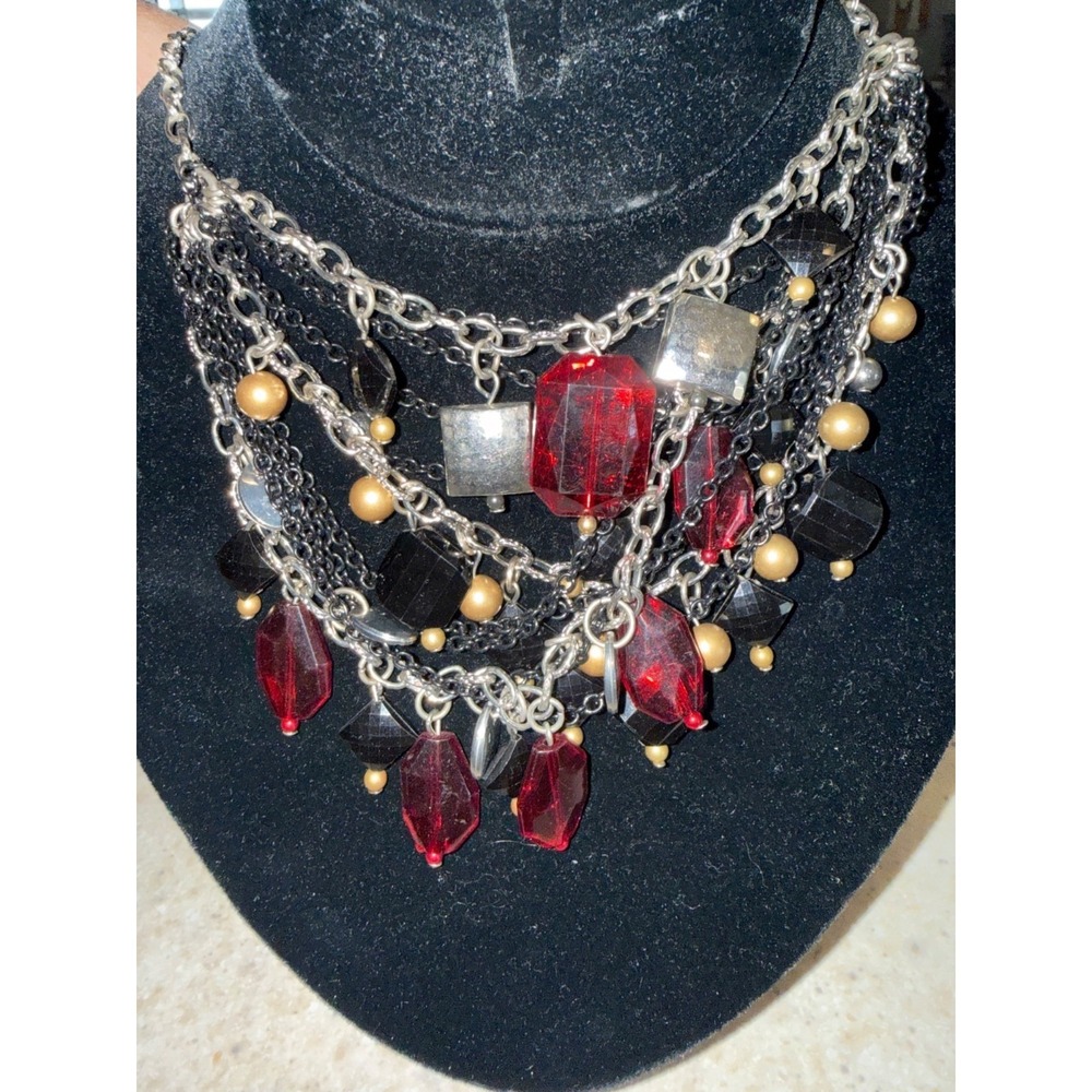 Chico's Vintage Silver Color Chain Necklace Red Black & Silver Color Beads